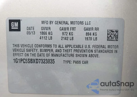 2013 Chevrolet Cruze 1Lt Auto from USA, damaged, VIN 1G1PC5SBXD7323835